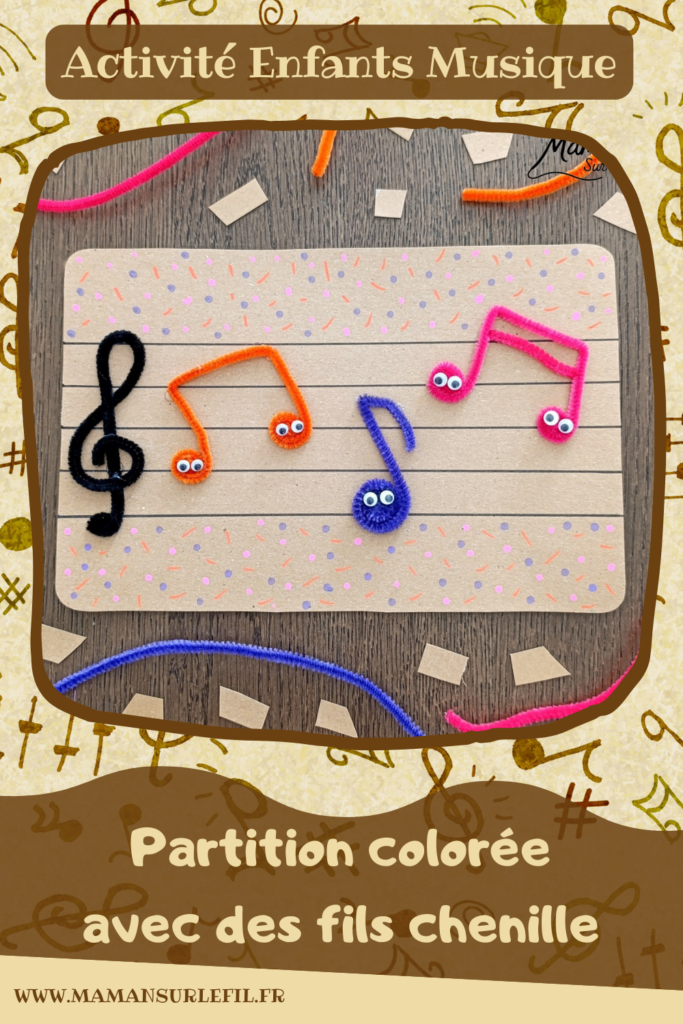 Créer une partition colorée et mignonne avec des fils chenille : activité créative, récup' et manuelle enfants - Recyclage, surcyclage de carton pour dessiner la portée musicale - Clé de sol et notes formées avec des fils chenille - Petits yeux mobiles pour le côté mignon - Graphismes pour la décoration - Décoration DIY Fait maison - Arts visuels et Bricolage facile - Thème fête de la musique, instruments de musique, été - Bricolage et décoration sympa et facile - Arts visuels maternelle et élémentaire - Cycles 1 et 2 - Créativité - tutoriel photos - mslf