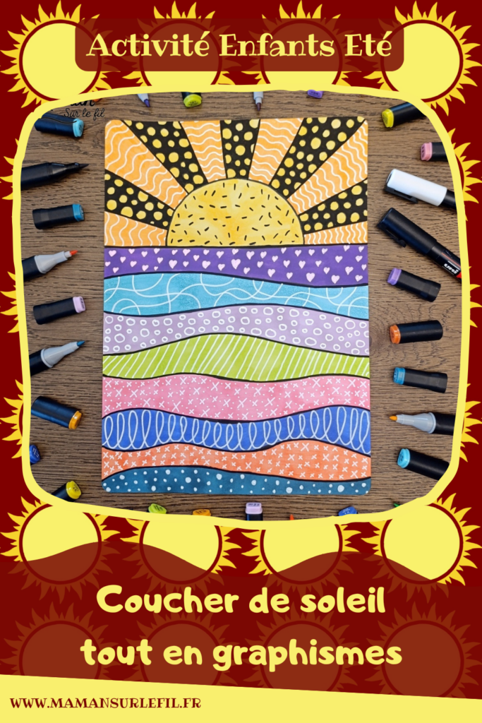 Dessiner un coucher de soleil tout en graphismes : activité créative, dessin et manuelle enfants - Zen art, art thérapie, graphismes, coloriage pour se détendre, se relaxer - Activité détente, gestion du stress - Décoration DIY Fait maison - Arts visuels et Bricolage facile - Thème vacances, plage, été, météo - Bricolage et décoration sympa et facile - Arts visuels maternelle et élémentaire, adultes - Cycles 1, 2, 3 et 4 - Créativité - tutoriel photos - mslf
