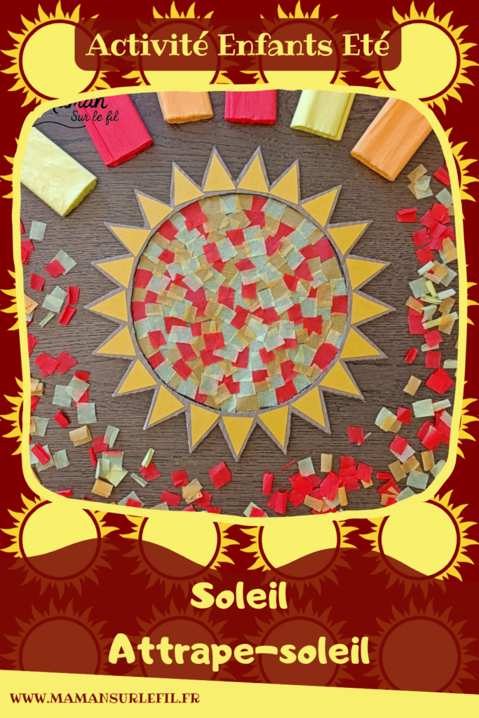 Fabriquer un soleil en récup' façon Attrape-soleil : activité créative, récup' et manuelle enfants - Recyclage, surcyclage de carton - Découpage, collage de papier pour les rayons - Papier autocollant pour couverture de livre pour le centre - Découpage et collage de petits carrés de papier crépon - Transparence - Décoration DIY Fait maison - Arts visuels et Bricolage facile - Thème été, météo - Bricolage et décoration sympa et facile - Arts visuels maternelle et élémentaire - Cycles 1 et 2 - Créativité - tutoriel photos et vidéo - mslf