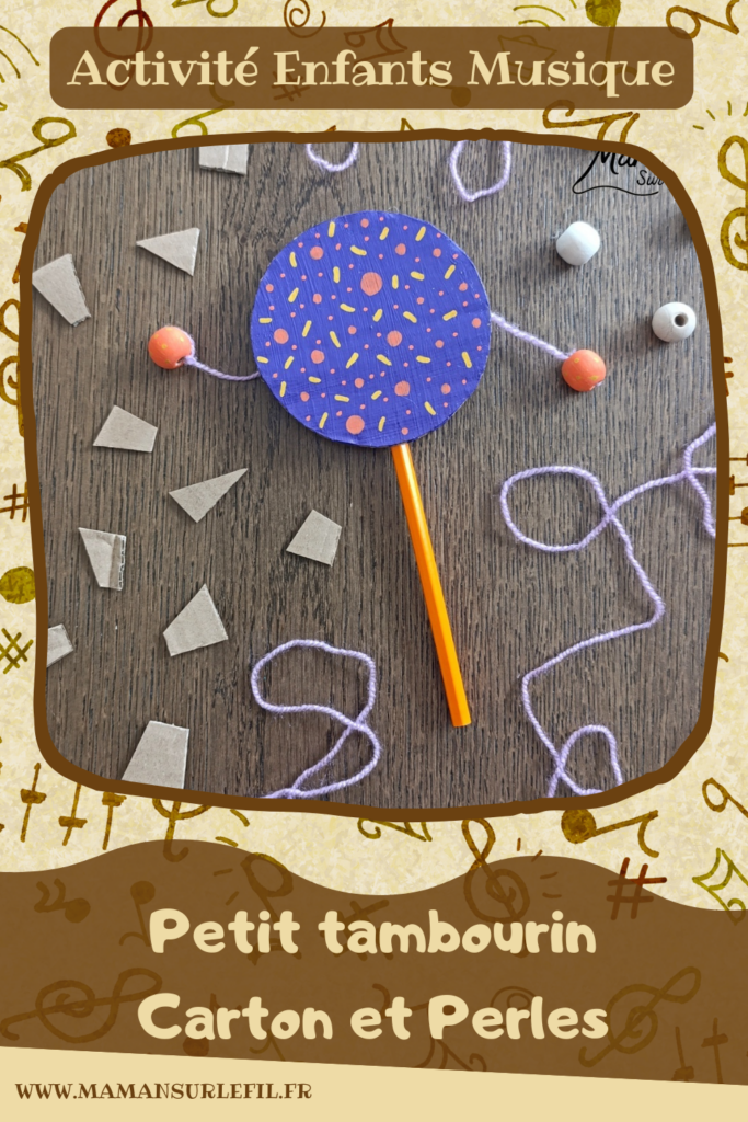Fabriquer un petit tambourin avec du carton et des perles : activité créative, récup', peinture et manuelle enfants - Recyclage, surcyclage de carton - Cercles en carton , peinture et marqueurs Peinture pour la décoration - Crayon de couleur pour la poignée - Laine et perles en bois pour les percussions - Décoration DIY Fait maison - Arts visuels et Bricolage facile - Thème fête de la musique, instruments de musique, été - Bricolage et décoration sympa et facile - Arts visuels maternelle et élémentaire - Cycles 1 et 2 - Créativité - tutoriel photos et vidéos - mslf