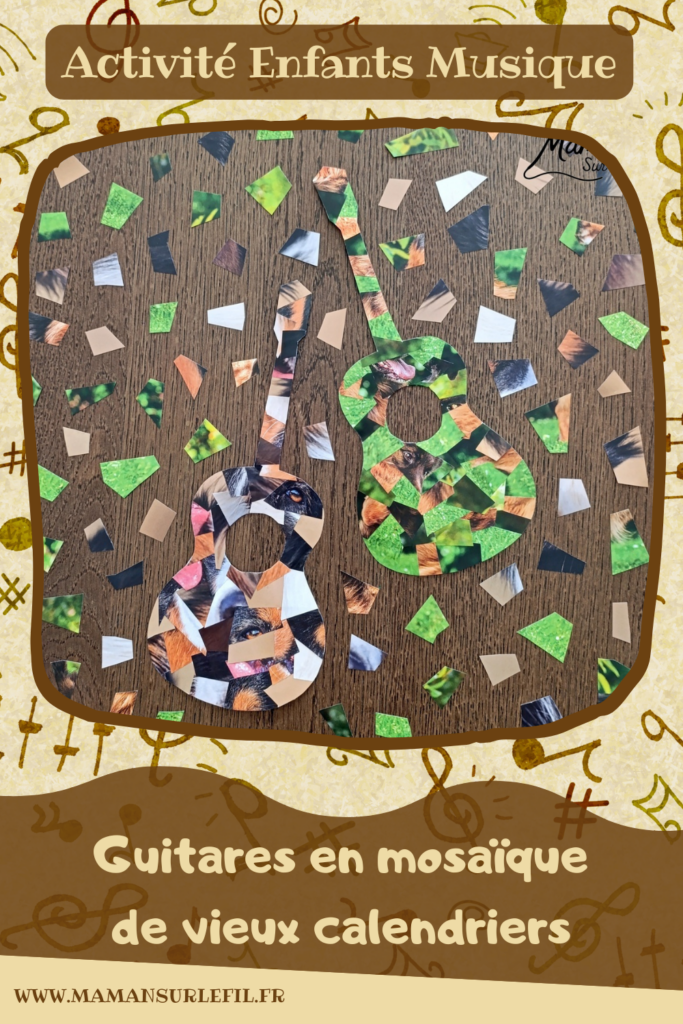 Créer des guitares en mosaïque de vieux calendriers : activité créative, récup' et manuelle enfants - Recyclage, surcyclage d'anciens calendriers, magazines ou prospectus publicitaires... - Découpage, collage pour effet mosaïque - Photos de chiens - Décoration DIY Fait maison - Arts visuels et Bricolage facile - Thème fête de la musique, instruments de musique, été - Bricolage et décoration sympa et facile - Arts visuels maternelle et élémentaire - Cycles 1 et 2 - Créativité - tutoriel photos - mslf