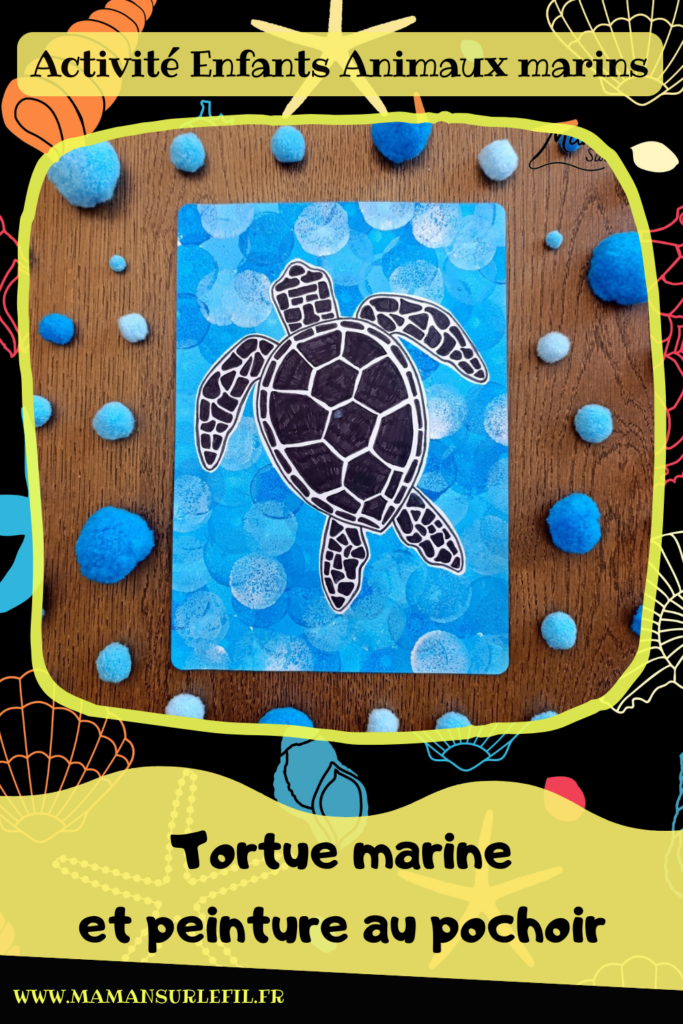 Peindre une tortue marine au pochoir : activité créative, peinture, dessin et manuelle enfants - Peinture aux tampons ronds avec pochoir, silhouette en papier - dégradé et nuances de bleu - Dessins et graphismes en noir pour le contraste - Activité détente, gestion du stress - Décoration DIY Fait maison - Arts visuels et Bricolage facile - Thème animaux marins, mer, océans, plage, été - Bricolage et décoration sympa et facile - Arts visuels maternelle et élémentaire, adultes - Cycles 1, 2, 3 et 4 - Créativité - tutoriel photos - mslf