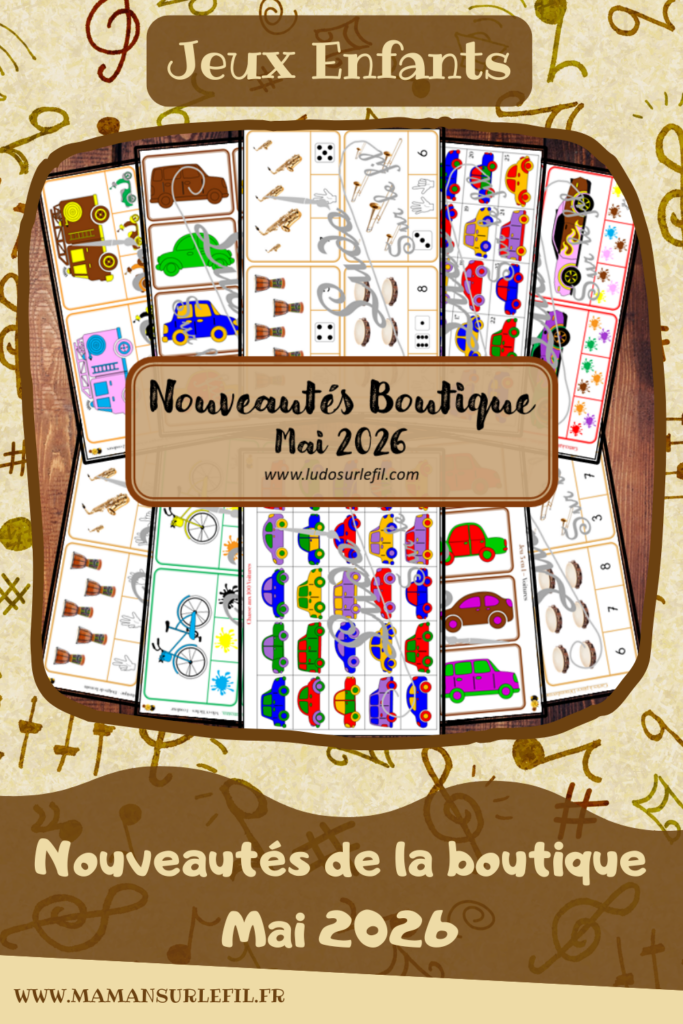 Nouveautés mai 2026 - Boutique en ligne Ludo sur le fil - fichiers jeux pdf à télécharger et imprimer ou jeux imprimés envoyés à domicile - Thèmes Véhicules et moyens de transport terrestres, voitures, instruments de musique - cartes à pince, couleurs, dénombrement, chasse aux 100, jeu 3 en 1, memory, mistigri, mathématiques, calcul, observation, discrimination visuelle, mémoire, langage oral, vocabulaire, Montessori - Photos sur fond blanc - Association, mise en paire, mathématiques - jeux, activités - PDF à télécharger et imprimer - PDF Gratuit, Printable à télécharger gratuitement - atelier autocorrectif multi niveaux donc progressif - Vocabulaire, lexique - Maternelle Cycle 2 - Autonomie - modes de déplacement, transports, véhicules terrestres, voitures, fête de la musique, été - mslf