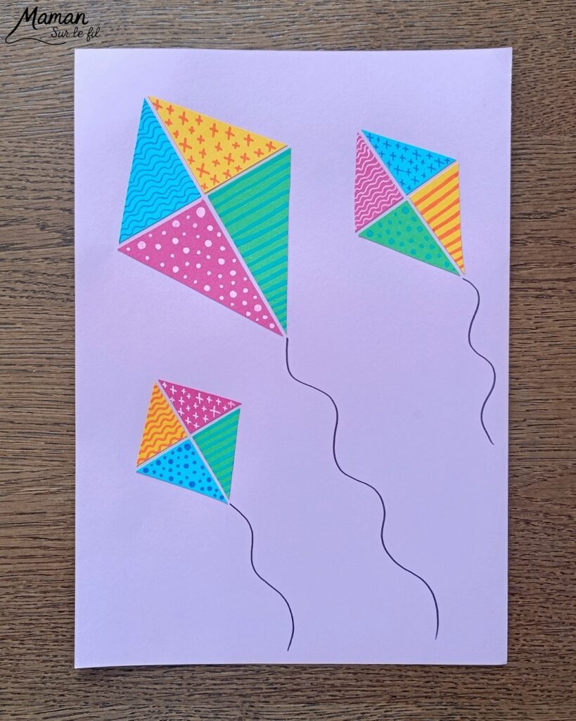 Créer des cerfs-volants tout en couleurs et graphismes : activité créative, papier et manuelle enfants - Découpage et collage de papier - Dessins et graphismes divers - Activité colorée et géométrique - Décoration DIY Fait maison - Arts visuels et Bricolage facile - Thème mer, océans, plage, été, vacances, loisirs - Bricolage et décoration sympa et facile - Arts visuels maternelle et élémentaire - Cycles 1 et 2 - Créativité - tutoriel photos - mslf