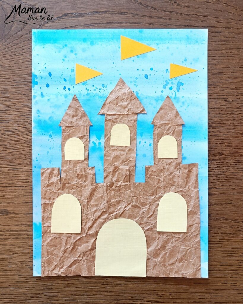 Créer un château de sable avec du papier Kraft froissé : activité créative, papier, peinture et manuelle enfants - Froissage, découpage et collage de papier -Fond en bande de peinture façon aquarelle et peinture éclaboussée - Technique de peinture ludique - Dessins - Décoration DIY Fait maison - Arts visuels et Bricolage facile - Thème mer, océans, plage, été, vacances, loisirs - Bricolage et décoration sympa et facile - Arts visuels maternelle et élémentaire - Cycles 1 et 2 - Créativité - tutoriel photos et vidéo - mslf