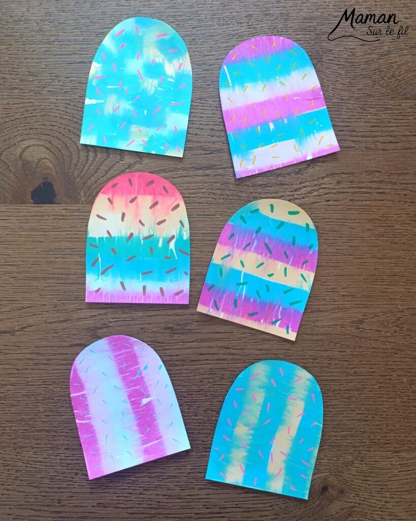 Créer des glaces colorées avec du papier crépon : activité créative, récup', peinture et manuelle enfants - Recyclage, surcyclage de bâtonnets de glace en bois - Technique de peinture avec bandes, carrés de papier crépon et eau au pulvérisateur - Mosaïque, dessins, graphismes - Décoration DIY Fait maison - Arts visuels et Bricolage facile - Thème gourmandises, goûters, vacances, été - Bricolage et décoration sympa et facile - Arts visuels maternelle et élémentaire, adultes - Cycles 1 et 2 - Créativité - tutoriel photos - mslf