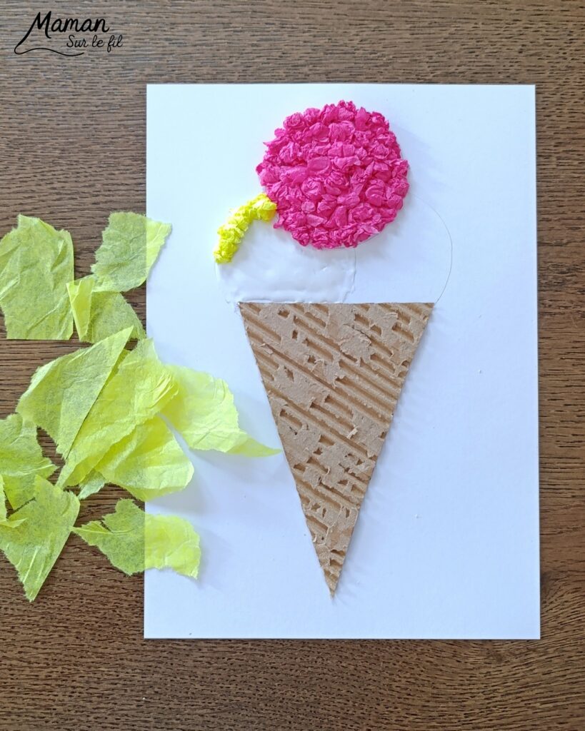 Fabriquer une glace avec du carton ondulé et des boules de papier de soie froissé : activité créative, récup' et manuelle enfants - Recyclage, surcyclage de carton épais et déchiré - Collage de boules de papier de soie froissé pour la texture et un effet 3D et en relief - Dessin et graphismes - Décoration DIY Fait maison - Arts visuels et Bricolage facile - Thème gourmandises, goûters, vacances, été - Bricolage et décoration sympa et facile - Arts visuels maternelle et élémentaire, adultes - Cycles 1 et 2 - Créativité - tutoriel photos et vidéo - mslf