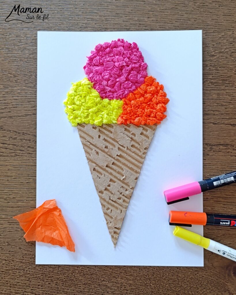 Fabriquer une glace avec du carton ondulé et des boules de papier de soie froissé : activité créative, récup' et manuelle enfants - Recyclage, surcyclage de carton épais et déchiré - Collage de boules de papier de soie froissé pour la texture et un effet 3D et en relief - Dessin et graphismes - Décoration DIY Fait maison - Arts visuels et Bricolage facile - Thème gourmandises, goûters, vacances, été - Bricolage et décoration sympa et facile - Arts visuels maternelle et élémentaire, adultes - Cycles 1 et 2 - Créativité - tutoriel photos et vidéo - mslf