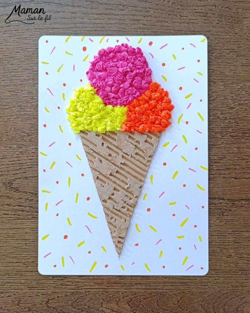 Fabriquer une glace avec du carton ondulé et des boules de papier de soie froissé : activité créative, récup' et manuelle enfants - Recyclage, surcyclage de carton épais et déchiré - Collage de boules de papier de soie froissé pour la texture et un effet 3D et en relief - Dessin et graphismes - Décoration DIY Fait maison - Arts visuels et Bricolage facile - Thème gourmandises, goûters, vacances, été - Bricolage et décoration sympa et facile - Arts visuels maternelle et élémentaire, adultes - Cycles 1 et 2 - Créativité - tutoriel photos et vidéo - mslf