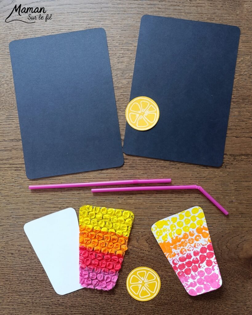 Peindre des cocktails avec du papier à bulles : activité créative, peinture, récup' et manuelle enfants - Recyclage, surcyclage de papier à bulles - Deux techniques et deux façons de faire - Garder le papier à bulles et l'utiliser comme empreintes - Rondelles de citron, pailles, dégradés de couleurs - Découpage, collage - Contraste entre couleurs vives et noir - Peinture avec cotons-tiges et pointillisme - Décoration DIY Fait maison - Arts visuels et Bricolage facile - Thème gourmandises, boissons, apéro, goûters, vacances, été - Bricolage et décoration sympa et facile - Arts visuels maternelle et élémentaire, adultes - Cycles 1 et 2 - Créativité - tutoriel photos et vidéo - mslf