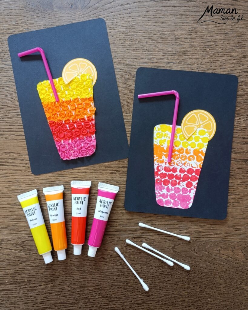 Peindre des cocktails avec du papier à bulles : activité créative, peinture, récup' et manuelle enfants - Recyclage, surcyclage de papier à bulles - Deux techniques et deux façons de faire - Garder le papier à bulles et l'utiliser comme empreintes - Rondelles de citron, pailles, dégradés de couleurs - Découpage, collage - Contraste entre couleurs vives et noir - Peinture avec cotons-tiges et pointillisme - Décoration DIY Fait maison - Arts visuels et Bricolage facile - Thème gourmandises, boissons, apéro, goûters, vacances, été - Bricolage et décoration sympa et facile - Arts visuels maternelle et élémentaire, adultes - Cycles 1 et 2 - Créativité - tutoriel photos et vidéo - mslf