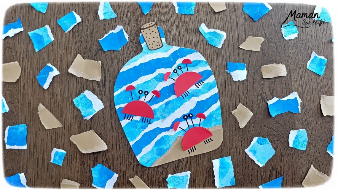 Créer une bouteille d'été et ses petits crabes : activité créative, peinture, papier et manuelle enfants - Peinture aux tampons en camaïeu de bleu - Papier déchiré pour les vagues - Bouteille estivale souvenir - Découpage et collage de papier pour le sable, le bouchon et les crabes - Géométrie, cercles, compas - Dessin pour les détails - Décoration DIY Fait maison - Arts visuels et Bricolage facile - Thème animaux marins, mer, océans, plage, été, vacances - Bricolage et décoration sympa et facile - Arts visuels maternelle et élémentaire - Cycles 1 et 2 - Créativité - tutoriel photos - mslf
