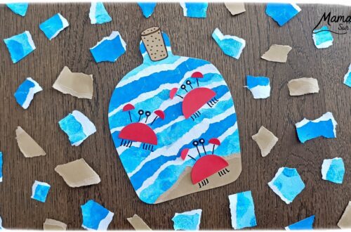 Créer une bouteille d'été et ses petits crabes : activité créative, peinture, papier et manuelle enfants - Peinture aux tampons en camaïeu de bleu - Papier déchiré pour les vagues - Bouteille estivale souvenir - Découpage et collage de papier pour le sable, le bouchon et les crabes - Géométrie, cercles, compas - Dessin pour les détails - Décoration DIY Fait maison - Arts visuels et Bricolage facile - Thème animaux marins, mer, océans, plage, été, vacances - Bricolage et décoration sympa et facile - Arts visuels maternelle et élémentaire - Cycles 1 et 2 - Créativité - tutoriel photos - mslf