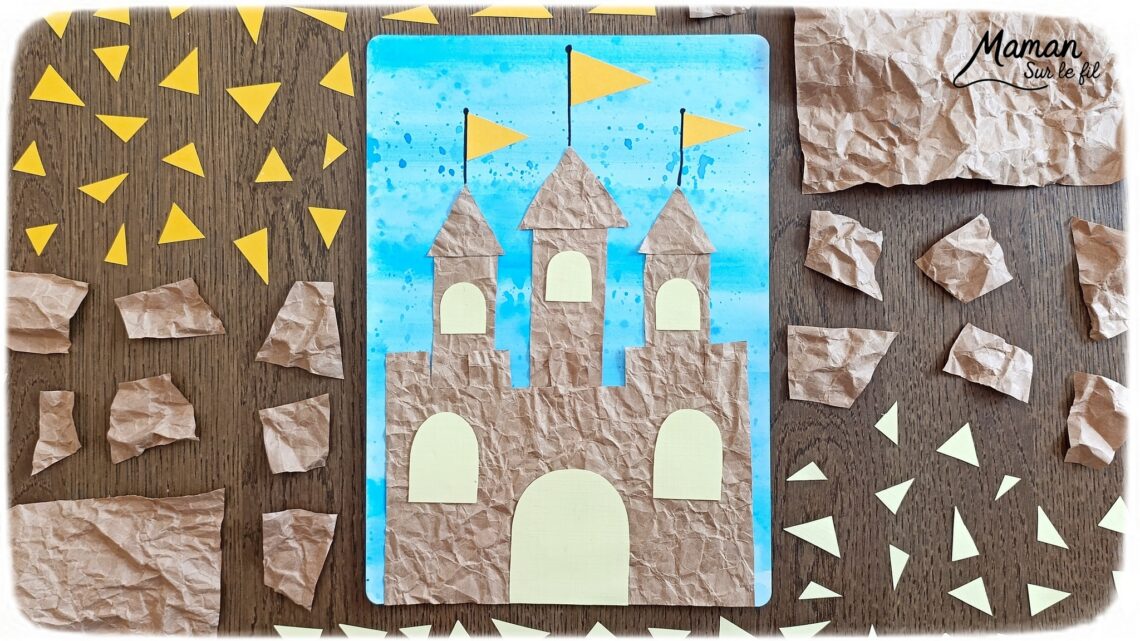 Créer un château de sable avec du papier Kraft froissé : activité créative, papier, peinture et manuelle enfants - Froissage, découpage et collage de papier -Fond en bande de peinture façon aquarelle et peinture éclaboussée - Technique de peinture ludique - Dessins - Décoration DIY Fait maison - Arts visuels et Bricolage facile - Thème mer, océans, plage, été, vacances, loisirs - Bricolage et décoration sympa et facile - Arts visuels maternelle et élémentaire - Cycles 1 et 2 - Créativité - tutoriel photos et vidéo - mslf