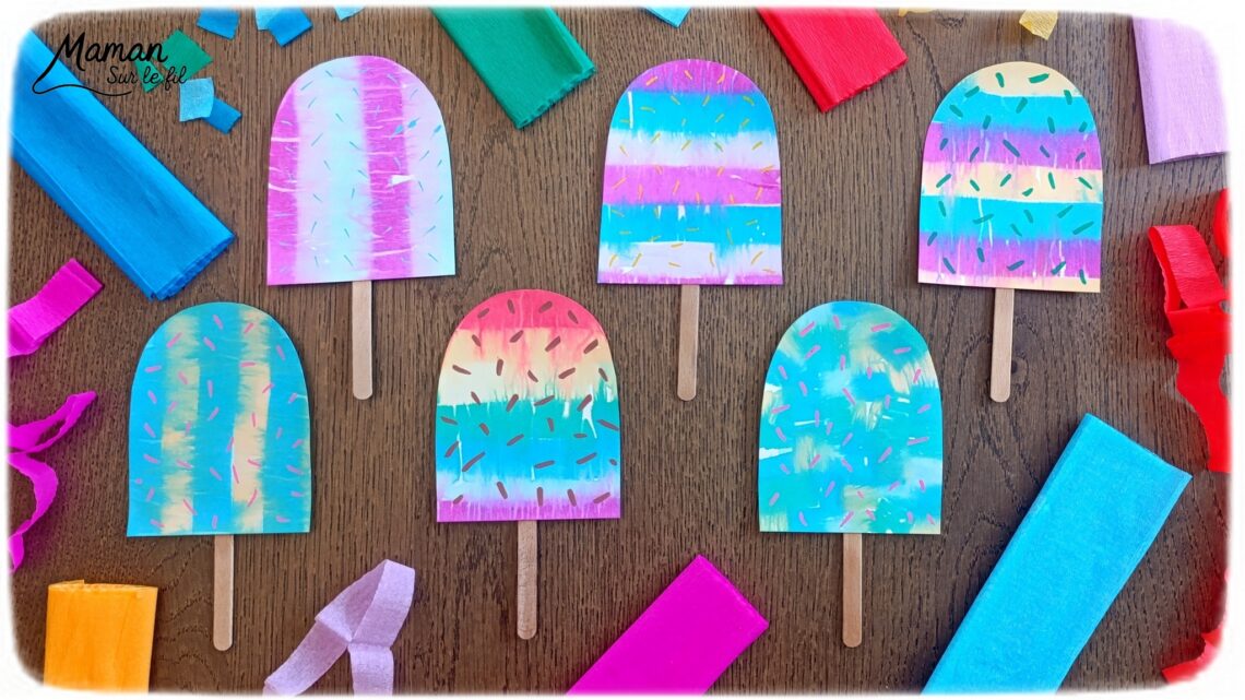 Créer des glaces colorées avec du papier crépon : activité créative, récup', peinture et manuelle enfants - Recyclage, surcyclage de bâtonnets de glace en bois - Technique de peinture avec bandes, carrés de papier crépon et eau au pulvérisateur - Mosaïque, dessins, graphismes - Décoration DIY Fait maison - Arts visuels et Bricolage facile - Thème gourmandises, goûters, vacances, été - Bricolage et décoration sympa et facile - Arts visuels maternelle et élémentaire, adultes - Cycles 1 et 2 - Créativité - tutoriel photos - mslf