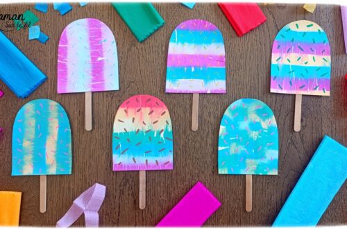 Créer des glaces colorées avec du papier crépon : activité créative, récup', peinture et manuelle enfants - Recyclage, surcyclage de bâtonnets de glace en bois - Technique de peinture avec bandes, carrés de papier crépon et eau au pulvérisateur - Mosaïque, dessins, graphismes - Décoration DIY Fait maison - Arts visuels et Bricolage facile - Thème gourmandises, goûters, vacances, été - Bricolage et décoration sympa et facile - Arts visuels maternelle et élémentaire, adultes - Cycles 1 et 2 - Créativité - tutoriel photos - mslf