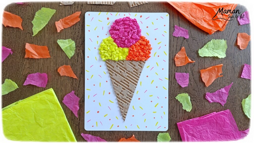 Fabriquer une glace avec du carton ondulé et des boules de papier de soie froissé : activité créative, récup' et manuelle enfants - Recyclage, surcyclage de carton épais et déchiré - Collage de boules de papier de soie froissé pour la texture et un effet 3D et en relief - Dessin et graphismes - Décoration DIY Fait maison - Arts visuels et Bricolage facile - Thème gourmandises, goûters, vacances, été - Bricolage et décoration sympa et facile - Arts visuels maternelle et élémentaire, adultes - Cycles 1 et 2 - Créativité - tutoriel photos et vidéo - mslf