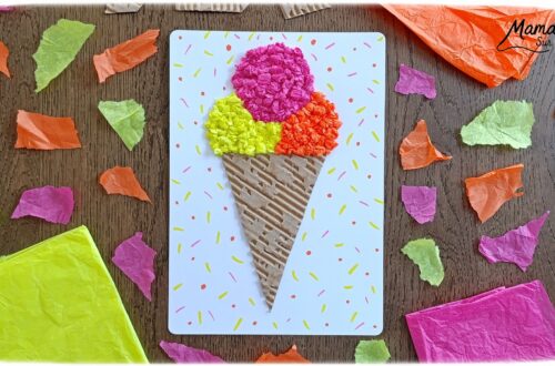 Fabriquer une glace avec du carton ondulé et des boules de papier de soie froissé : activité créative, récup' et manuelle enfants - Recyclage, surcyclage de carton épais et déchiré - Collage de boules de papier de soie froissé pour la texture et un effet 3D et en relief - Dessin et graphismes - Décoration DIY Fait maison - Arts visuels et Bricolage facile - Thème gourmandises, goûters, vacances, été - Bricolage et décoration sympa et facile - Arts visuels maternelle et élémentaire, adultes - Cycles 1 et 2 - Créativité - tutoriel photos et vidéo - mslf