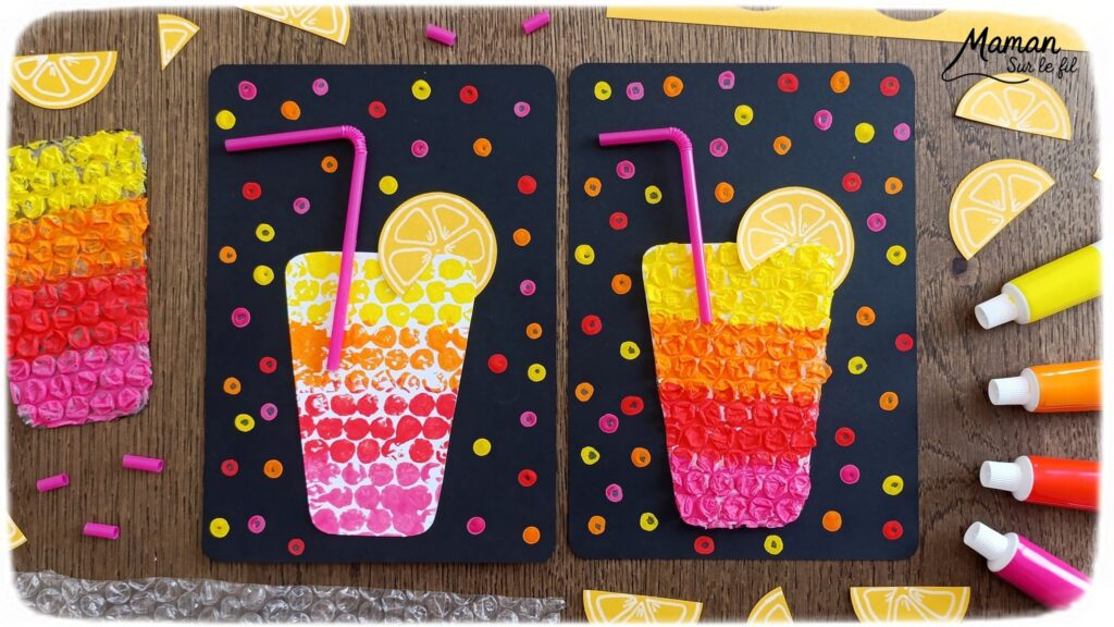 Peindre des cocktails avec du papier à bulles : activité créative, peinture, récup' et manuelle enfants - Recyclage, surcyclage de papier à bulles - Deux techniques et deux façons de faire - Garder le papier à bulles et l'utiliser comme empreintes - Rondelles de citron, pailles, dégradés de couleurs - Découpage, collage - Contraste entre couleurs vives et noir - Peinture avec cotons-tiges et pointillisme - Décoration DIY Fait maison - Arts visuels et Bricolage facile - Thème gourmandises, boissons, apéro, goûters, vacances, été - Bricolage et décoration sympa et facile - Arts visuels maternelle et élémentaire, adultes - Cycles 1 et 2 - Créativité - tutoriel photos et vidéo - mslf