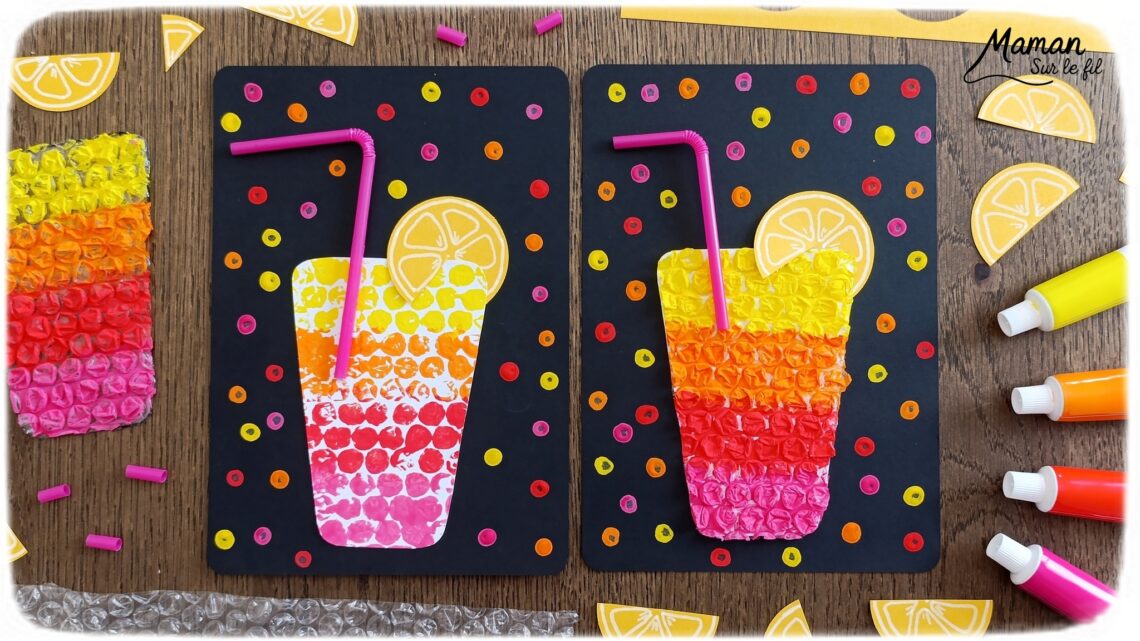 Peindre des cocktails avec du papier à bulles : activité créative, peinture, récup' et manuelle enfants - Recyclage, surcyclage de papier à bulles - Deux techniques et deux façons de faire - Garder le papier à bulles et l'utiliser comme empreintes - Rondelles de citron, pailles, dégradés de couleurs - Découpage, collage - Contraste entre couleurs vives et noir - Peinture avec cotons-tiges et pointillisme - Décoration DIY Fait maison - Arts visuels et Bricolage facile - Thème gourmandises, boissons, apéro, goûters, vacances, été - Bricolage et décoration sympa et facile - Arts visuels maternelle et élémentaire, adultes - Cycles 1 et 2 - Créativité - tutoriel photos et vidéo - mslf