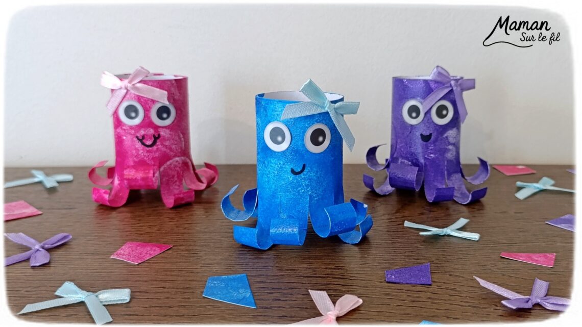 Fabriquer des pieuvres mignonnes avec des rouleaux en carton : activité créative, peinture, récup' et manuelle enfants - Recyclage, surcyclage de rouleaux de PQ, de papier toilettes en carton - Peinture aux tampons ronds - Découpage, collage, enroulage de papier - Gommettes yeiux et petit noeud pour la décoration - Décoration DIY Fait maison - Arts visuels et Bricolage facile - Thème animaux marins, mer, océans, plage, été - Bricolage et décoration sympa et facile - Arts visuels maternelle et élémentaire, adultes - Cycles 1 et 2 - Créativité - tutoriel photos - mslf