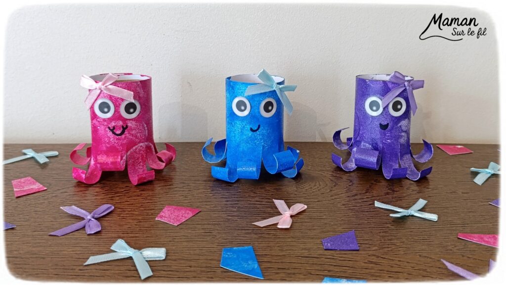 Fabriquer des pieuvres mignonnes avec des rouleaux en carton : activité créative, peinture, récup' et manuelle enfants - Recyclage, surcyclage de rouleaux de PQ, de papier toilettes en carton - Peinture aux tampons ronds - Découpage, collage, enroulage de papier - Gommettes yeiux et petit noeud pour la décoration - Décoration DIY Fait maison - Arts visuels et Bricolage facile - Thème animaux marins, mer, océans, plage, été - Bricolage et décoration sympa et facile - Arts visuels maternelle et élémentaire, adultes - Cycles 1 et 2 - Créativité - tutoriel photos - mslf