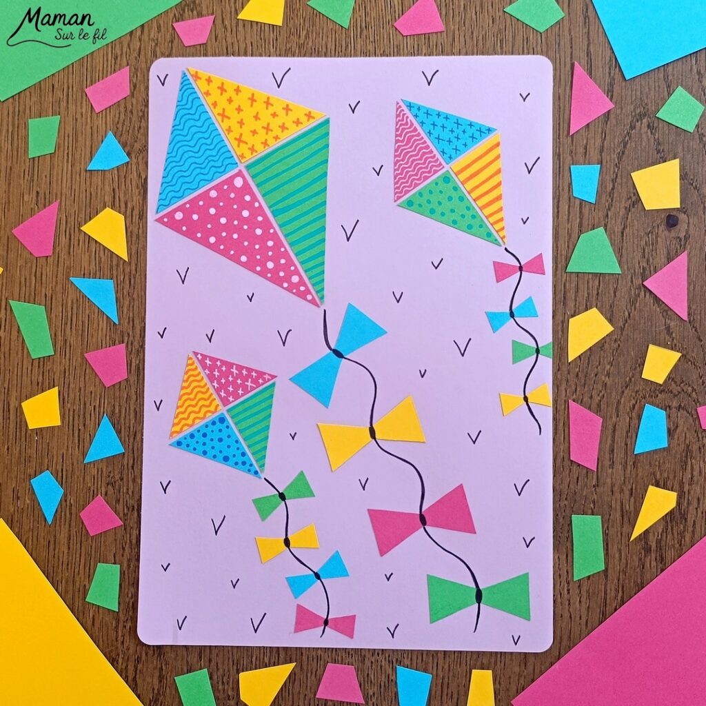 Créer des cerfs-volants tout en couleurs et graphismes : activité créative, papier et manuelle enfants - Découpage et collage de papier - Dessins et graphismes divers - Activité colorée et géométrique - Décoration DIY Fait maison - Arts visuels et Bricolage facile - Thème mer, océans, plage, été, vacances, loisirs - Bricolage et décoration sympa et facile - Arts visuels maternelle et élémentaire - Cycles 1 et 2 - Créativité - tutoriel photos - mslf