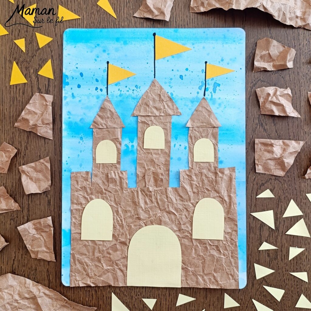 Créer un château de sable avec du papier Kraft froissé : activité créative, papier, peinture et manuelle enfants - Froissage, découpage et collage de papier -Fond en bande de peinture façon aquarelle et peinture éclaboussée - Technique de peinture ludique - Dessins - Décoration DIY Fait maison - Arts visuels et Bricolage facile - Thème mer, océans, plage, été, vacances, loisirs - Bricolage et décoration sympa et facile - Arts visuels maternelle et élémentaire - Cycles 1 et 2 - Créativité - tutoriel photos et vidéo - mslf
