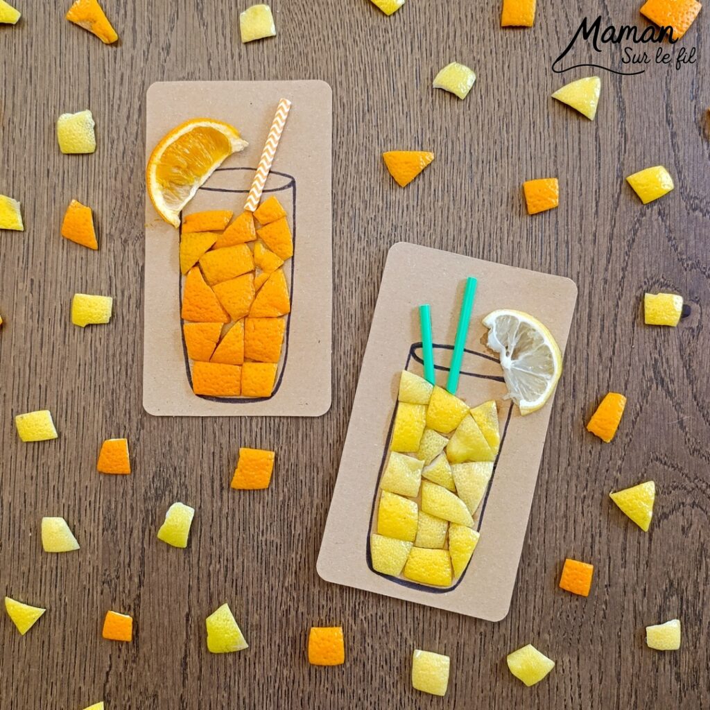 Créer des cocktails estivaux avec des citrons et des oranges : activité créative, nature, récup' et manuelle enfants - Recyclage, surcyclage de carton, de peaux de fruits, de citrons et d'oranges - Découpage, collage - Art Nature, Land art - Décoration DIY Fait maison - Arts visuels et Bricolage facile - Thème gourmandises, boissons, apéro, goûters, vacances, été - Bricolage et décoration sympa et facile - Arts visuels maternelle et élémentaire, adultes - Cycles 1 et 2 - Créativité - tutoriel photos - mslf