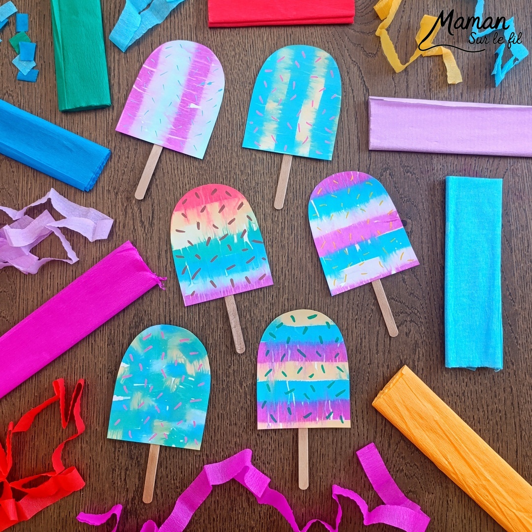 Créer des glaces colorées avec du papier crépon : activité créative, récup', peinture et manuelle enfants - Recyclage, surcyclage de bâtonnets de glace en bois - Technique de peinture avec bandes, carrés de papier crépon et eau au pulvérisateur - Mosaïque, dessins, graphismes - Décoration DIY Fait maison - Arts visuels et Bricolage facile - Thème gourmandises, goûters, vacances, été - Bricolage et décoration sympa et facile - Arts visuels maternelle et élémentaire, adultes - Cycles 1 et 2 - Créativité - tutoriel photos - mslf