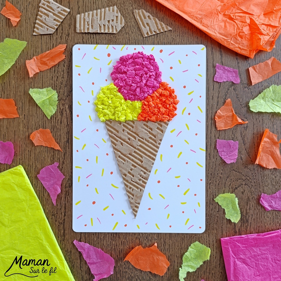 Fabriquer une glace avec du carton ondulé et des boules de papier de soie froissé : activité créative, récup' et manuelle enfants - Recyclage, surcyclage de carton épais et déchiré - Collage de boules de papier de soie froissé pour la texture et un effet 3D et en relief - Dessin et graphismes - Décoration DIY Fait maison - Arts visuels et Bricolage facile - Thème gourmandises, goûters, vacances, été - Bricolage et décoration sympa et facile - Arts visuels maternelle et élémentaire, adultes - Cycles 1 et 2 - Créativité - tutoriel photos et vidéo - mslf