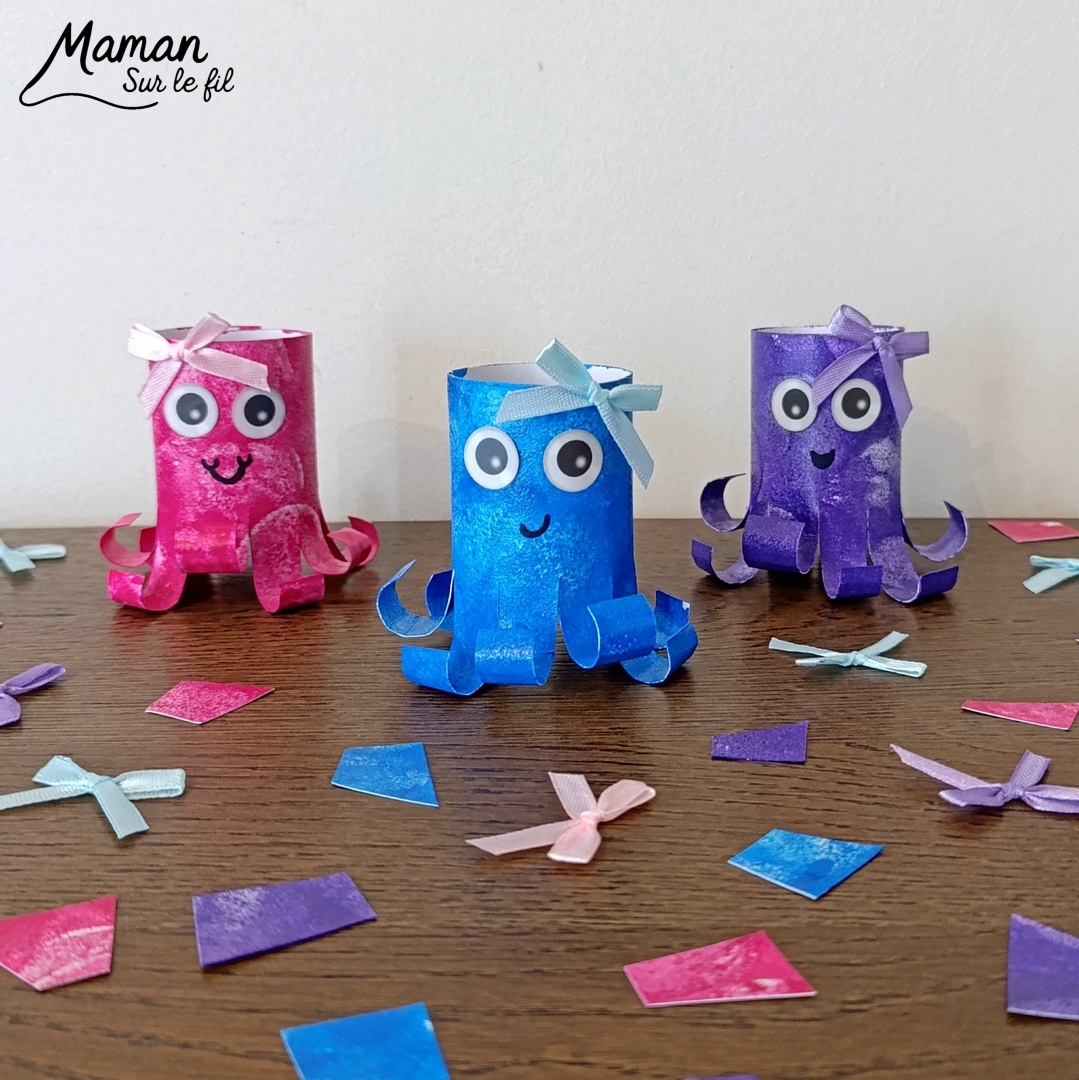 Fabriquer des pieuvres mignonnes avec des rouleaux en carton : activité créative, peinture, récup' et manuelle enfants - Recyclage, surcyclage de rouleaux de PQ, de papier toilettes en carton - Peinture aux tampons ronds - Découpage, collage, enroulage de papier - Gommettes yeiux et petit noeud pour la décoration - Décoration DIY Fait maison - Arts visuels et Bricolage facile - Thème animaux marins, mer, océans, plage, été - Bricolage et décoration sympa et facile - Arts visuels maternelle et élémentaire, adultes - Cycles 1 et 2 - Créativité - tutoriel photos - mslf