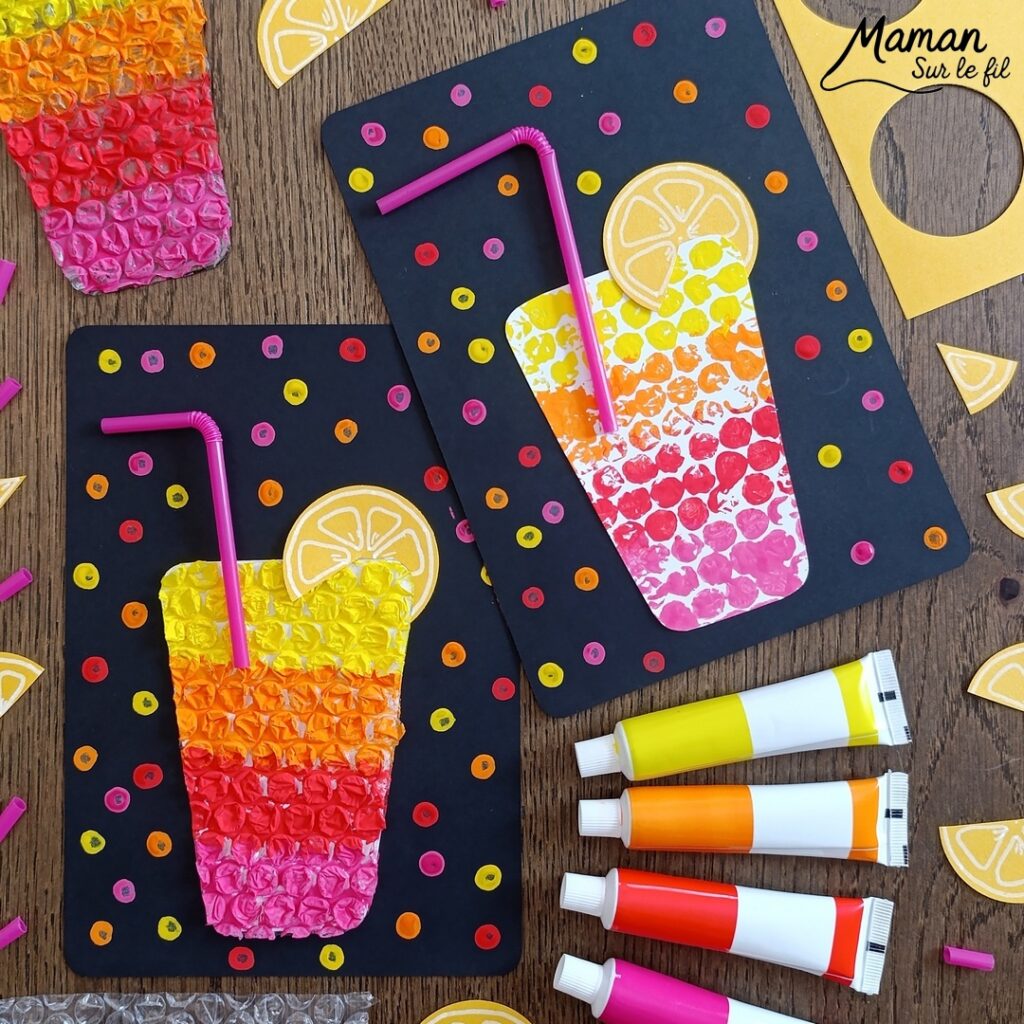 Peindre des cocktails avec du papier à bulles : activité créative, peinture, récup' et manuelle enfants - Recyclage, surcyclage de papier à bulles - Deux techniques et deux façons de faire - Garder le papier à bulles et l'utiliser comme empreintes - Rondelles de citron, pailles, dégradés de couleurs - Découpage, collage - Contraste entre couleurs vives et noir - Peinture avec cotons-tiges et pointillisme - Décoration DIY Fait maison - Arts visuels et Bricolage facile - Thème gourmandises, boissons, apéro, goûters, vacances, été - Bricolage et décoration sympa et facile - Arts visuels maternelle et élémentaire, adultes - Cycles 1 et 2 - Créativité - tutoriel photos et vidéo - mslf