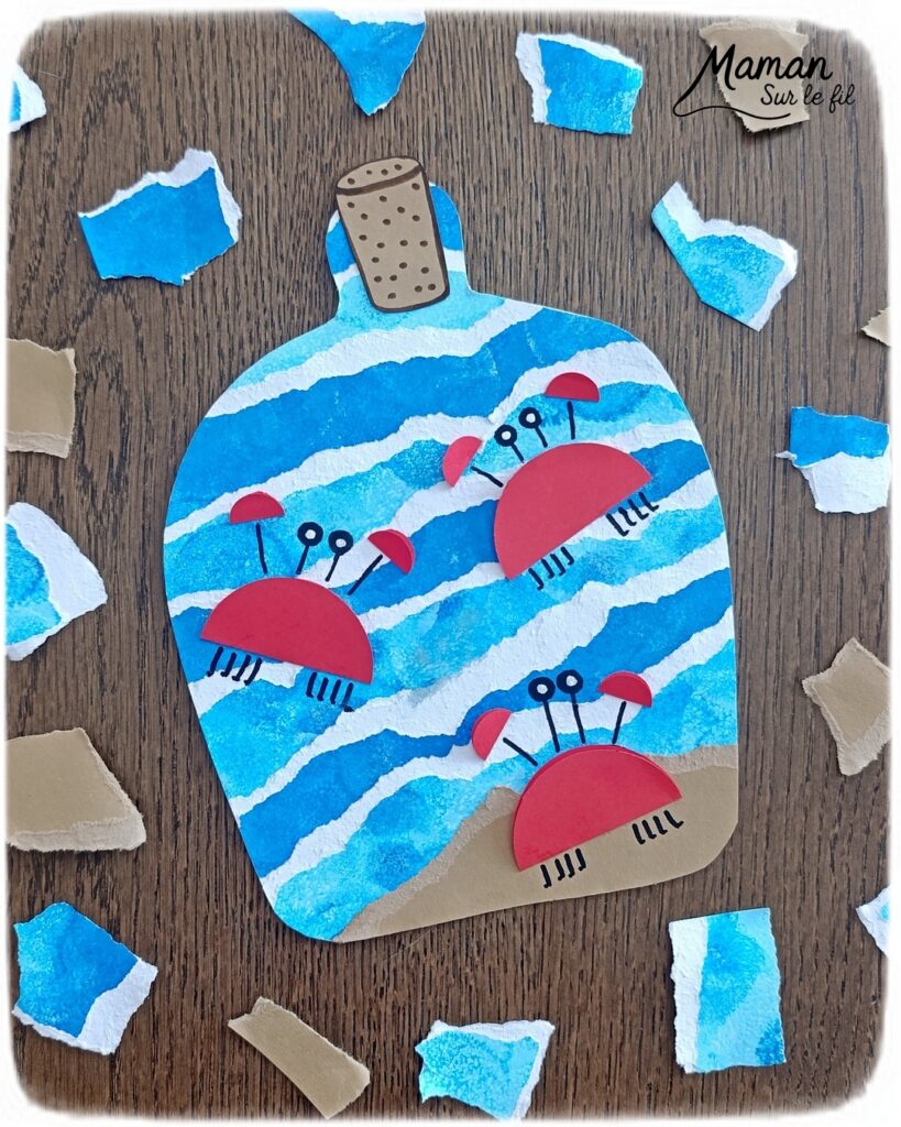 Créer une bouteille d'été et ses petits crabes : activité créative, peinture, papier et manuelle enfants - Peinture aux tampons en camaïeu de bleu - Papier déchiré pour les vagues - Bouteille estivale souvenir - Découpage et collage de papier pour le sable, le bouchon et les crabes - Géométrie, cercles, compas - Dessin pour les détails - Décoration DIY Fait maison - Arts visuels et Bricolage facile - Thème animaux marins, mer, océans, plage, été, vacances - Bricolage et décoration sympa et facile - Arts visuels maternelle et élémentaire - Cycles 1 et 2 - Créativité - tutoriel photos - mslf