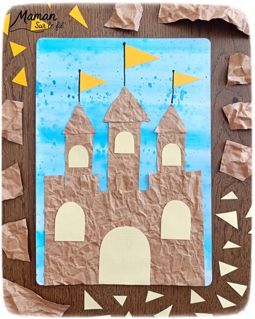Créer un château de sable avec du papier Kraft froissé : activité créative, papier, peinture et manuelle enfants - Froissage, découpage et collage de papier -Fond en bande de peinture façon aquarelle et peinture éclaboussée - Technique de peinture ludique - Dessins - Décoration DIY Fait maison - Arts visuels et Bricolage facile - Thème mer, océans, plage, été, vacances, loisirs - Bricolage et décoration sympa et facile - Arts visuels maternelle et élémentaire - Cycles 1 et 2 - Créativité - tutoriel photos et vidéo - mslf