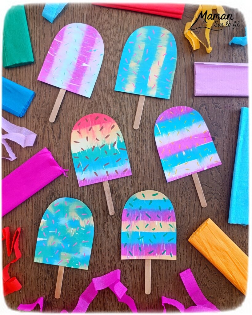 Créer des glaces colorées avec du papier crépon : activité créative, récup', peinture et manuelle enfants - Recyclage, surcyclage de bâtonnets de glace en bois - Technique de peinture avec bandes, carrés de papier crépon et eau au pulvérisateur - Mosaïque, dessins, graphismes - Décoration DIY Fait maison - Arts visuels et Bricolage facile - Thème gourmandises, goûters, vacances, été - Bricolage et décoration sympa et facile - Arts visuels maternelle et élémentaire, adultes - Cycles 1 et 2 - Créativité - tutoriel photos - mslf