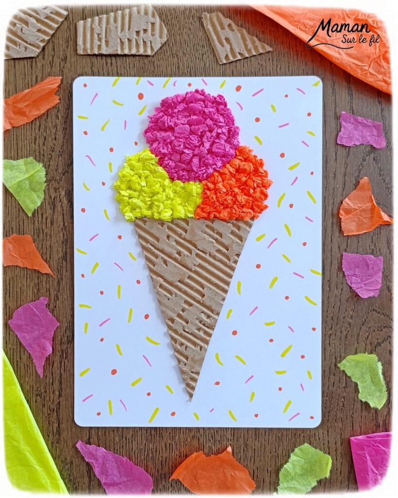 Fabriquer une glace avec du carton ondulé et des boules de papier de soie froissé : activité créative, récup' et manuelle enfants - Recyclage, surcyclage de carton épais et déchiré - Collage de boules de papier de soie froissé pour la texture et un effet 3D et en relief - Dessin et graphismes - Décoration DIY Fait maison - Arts visuels et Bricolage facile - Thème gourmandises, goûters, vacances, été - Bricolage et décoration sympa et facile - Arts visuels maternelle et élémentaire, adultes - Cycles 1 et 2 - Créativité - tutoriel photos et vidéo - mslf