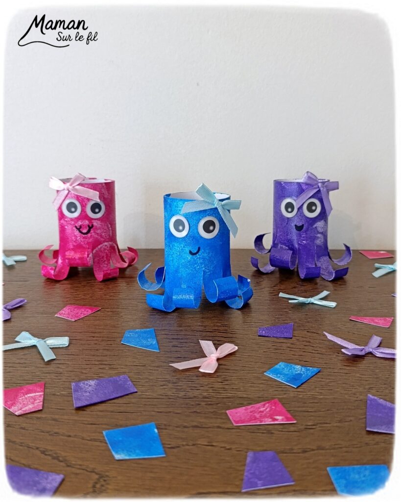 Fabriquer des pieuvres mignonnes avec des rouleaux en carton : activité créative, peinture, récup' et manuelle enfants - Recyclage, surcyclage de rouleaux de PQ, de papier toilettes en carton - Peinture aux tampons ronds - Découpage, collage, enroulage de papier - Gommettes yeiux et petit noeud pour la décoration - Décoration DIY Fait maison - Arts visuels et Bricolage facile - Thème animaux marins, mer, océans, plage, été - Bricolage et décoration sympa et facile - Arts visuels maternelle et élémentaire, adultes - Cycles 1 et 2 - Créativité - tutoriel photos - mslf