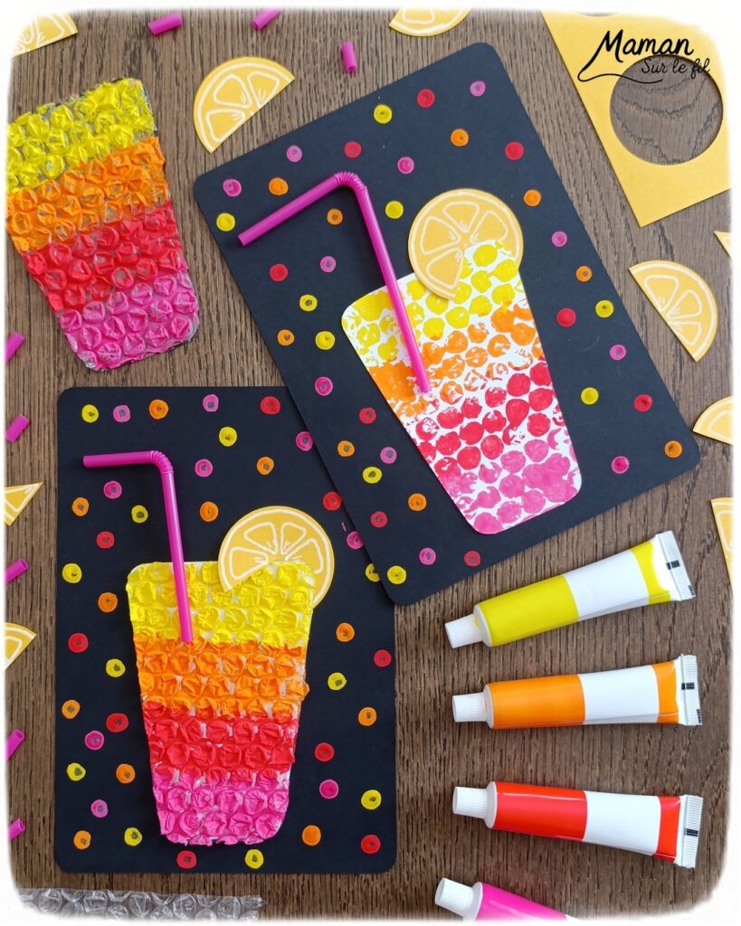 Peindre des cocktails avec du papier à bulles : activité créative, peinture, récup' et manuelle enfants - Recyclage, surcyclage de papier à bulles - Deux techniques et deux façons de faire - Garder le papier à bulles et l'utiliser comme empreintes - Rondelles de citron, pailles, dégradés de couleurs - Découpage, collage - Contraste entre couleurs vives et noir - Peinture avec cotons-tiges et pointillisme - Décoration DIY Fait maison - Arts visuels et Bricolage facile - Thème gourmandises, boissons, apéro, goûters, vacances, été - Bricolage et décoration sympa et facile - Arts visuels maternelle et élémentaire, adultes - Cycles 1 et 2 - Créativité - tutoriel photos et vidéo - mslf