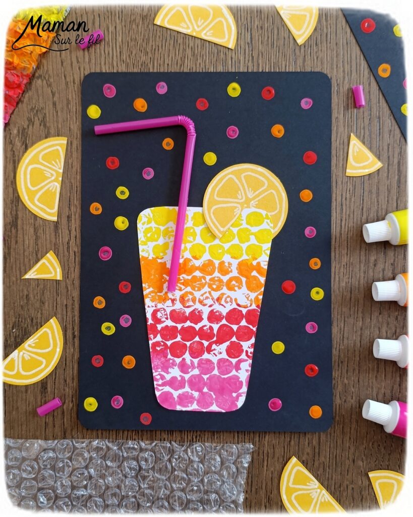 Peindre des cocktails avec du papier à bulles : activité créative, peinture, récup' et manuelle enfants - Recyclage, surcyclage de papier à bulles - Deux techniques et deux façons de faire - Garder le papier à bulles et l'utiliser comme empreintes - Rondelles de citron, pailles, dégradés de couleurs - Découpage, collage - Contraste entre couleurs vives et noir - Peinture avec cotons-tiges et pointillisme - Décoration DIY Fait maison - Arts visuels et Bricolage facile - Thème gourmandises, boissons, apéro, goûters, vacances, été - Bricolage et décoration sympa et facile - Arts visuels maternelle et élémentaire, adultes - Cycles 1 et 2 - Créativité - tutoriel photos et vidéo - mslf