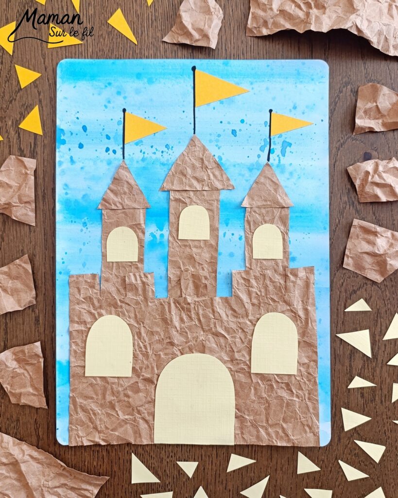 Créer un château de sable avec du papier Kraft froissé : activité créative, papier, peinture et manuelle enfants - Froissage, découpage et collage de papier -Fond en bande de peinture façon aquarelle et peinture éclaboussée - Technique de peinture ludique - Dessins - Décoration DIY Fait maison - Arts visuels et Bricolage facile - Thème mer, océans, plage, été, vacances, loisirs - Bricolage et décoration sympa et facile - Arts visuels maternelle et élémentaire - Cycles 1 et 2 - Créativité - tutoriel photos et vidéo - mslf