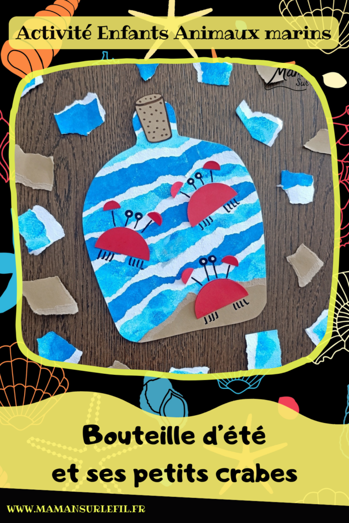 Créer une bouteille d'été et ses petits crabes : activité créative, peinture, papier et manuelle enfants - Peinture aux tampons en camaïeu de bleu - Papier déchiré pour les vagues - Bouteille estivale souvenir - Découpage et collage de papier pour le sable, le bouchon et les crabes - Géométrie, cercles, compas - Dessin pour les détails - Décoration DIY Fait maison - Arts visuels et Bricolage facile - Thème animaux marins, mer, océans, plage, été, vacances - Bricolage et décoration sympa et facile - Arts visuels maternelle et élémentaire - Cycles 1 et 2 - Créativité - tutoriel photos - mslf