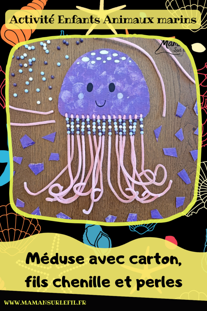 Fabriquer une méduse en carton, fils chenille et perles : activité créative, récup', peinture et manuelle enfants - Recyclage, surcyclage de carton - Peinture au tampon pour la méduse - Dessin aux marqueurs Peinture - Fils chenille pour les filaments, les tentacules - Perles à glisser sur les fils chenille pour la décoration et travailler la motricité fine - Décoration DIY Fait maison - Arts visuels et Bricolage facile - Thème animaux marins, mer, océans, plage, été - Bricolage et décoration sympa et facile - Arts visuels maternelle et élémentaire, adultes - Cycles 1 et 2 - Créativité - tutoriel photos et vidéo - mslf