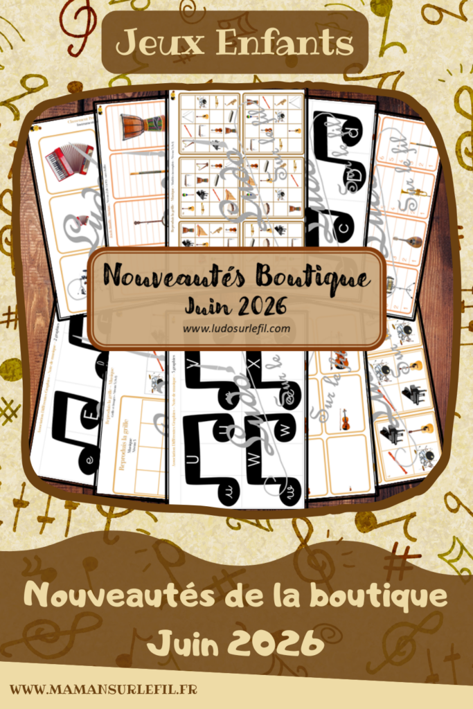 Nouveautés juin 2026 - Boutique en ligne Ludo sur le fil - fichiers jeux pdf à télécharger et imprimer ou jeux imprimés envoyés à domicile - Thèmes instruments de musique, fête de la musique, notes de musique - reproduis la grille, classement, rangement, tri par taille, jeu de bataille, jeu d'association de graphies, lettres, écriture, mathématiques, observation, discrimination visuelle, mémoire, langage oral, vocabulaire, Montessori - Photos sur fond blanc - Association, mise en paire, mathématiques - jeux, activités - PDF à télécharger et imprimer - PDF Gratuit, Printable à télécharger gratuitement - Kit thématique - atelier autocorrectif multi niveaux donc progressif - Vocabulaire, lexique - Maternelle Cycle 2 - Autonomie -Thème Fête de la musique, été - mslf