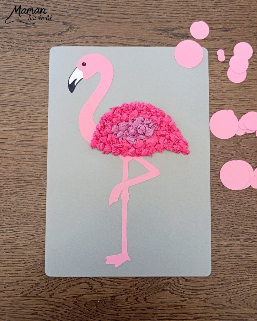 Créer un flamant rose avec des boules de papier de soie froissé : activité créative, récup' et manuelle enfants - Recyclage, surcyclage de papier de soie ou de papier crépon -Déchirage et froissage en boules - Découpage et Collage de papier -Motricité fine - Fond avec des cercles découpés à la perforatrice - Arts visuels et Bricolage facile - Thème animaux, oiseaux, été, vacances - Bricolage et décoration sympa et facile - Arts visuels maternelle et élémentaire - Cycles 1 et 2 - Créativité - tutoriel photos - mslf