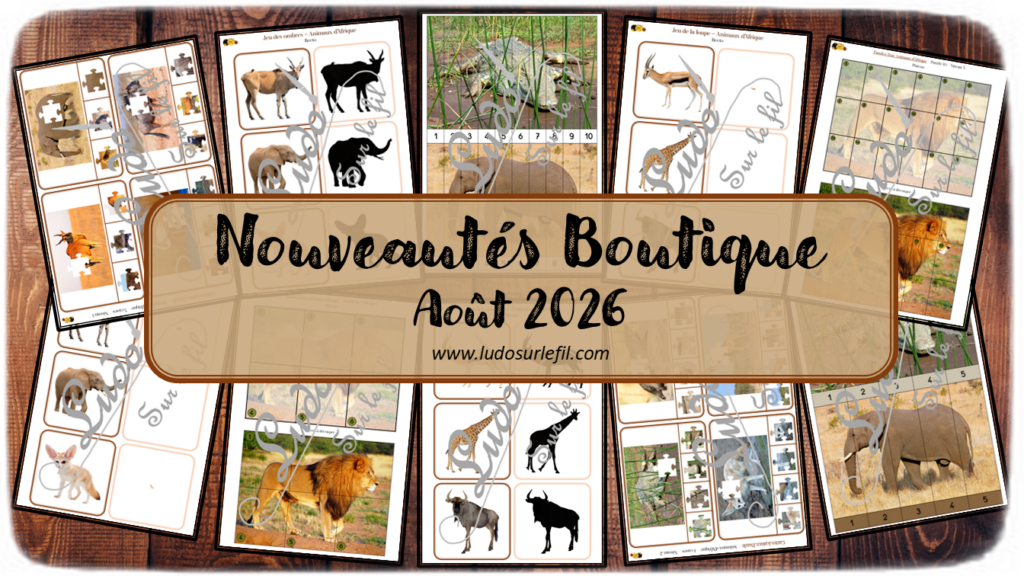 Nouveautés août 2026 - Boutique en ligne Ludo sur le fil - fichiers jeux pdf à télécharger et imprimer ou jeux imprimés envoyés à domicile - Thèmes Animaux d'Afrique, de la savane, du désert, été - jeu des ombres, de la loupe, cartes à pince, puzzles, puzzles trac, puzzles numériques, calcul, dénombrement, mathématiques, observation, discrimination visuelle, mémoire, langage oral, vocabulaire, Montessori - Photos sur fond blanc - Association, mise en paire, mathématiques - jeux, activités - PDF à télécharger et imprimer - PDF Gratuit, Printable à télécharger gratuitement - Kit thématique - atelier autocorrectif multi niveaux donc progressif - Vocabulaire, lexique - Maternelle Cycle 2 - Autonomie - mslf