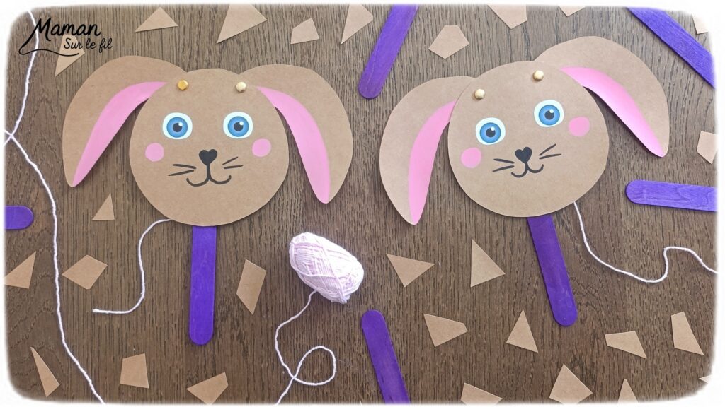 Fabriquer un lapin mignon aux oreilles articulées : activité créative, papier et manuelle enfants - Bricolage rigolo type marionnette - Découpage de papier - Récup', recyclage, surcyclage de bâtonnet de glace en bois - Articulation avec attaches parisiennes et fils / laine - Gommettes, dessin et coloriage - Arts visuels et Bricolage facile - Thème animaux de la ferme, campagne, pâques - Bricolage et décoration sympa et facile - Arts visuels maternelle et élémentaire - Cycles 1 et 2 - Créativité - tutoriel photos et vidéo - mslf