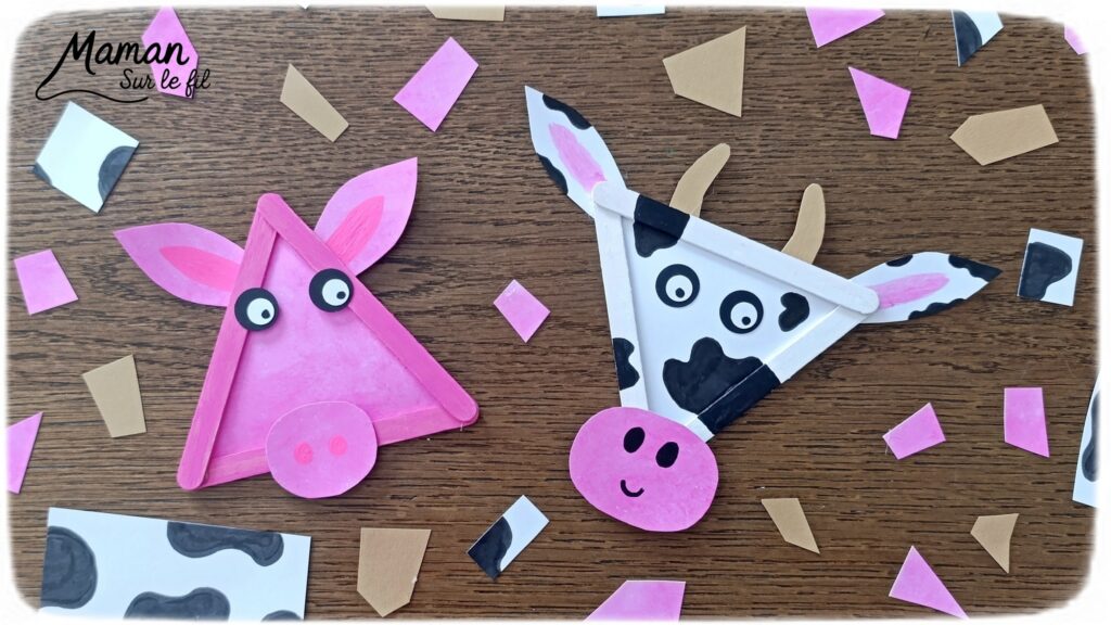 Créer un cochon et une vache en triangle de bâtonnets de glace en bois : activité créative, récup' et manuelle enfants - Recyclage, surcyclage de bâtonnets de glace en bois - Peinture avec gouache en stick - Découpage et collage de papier pour les détails - Dessins noirs - Arts visuels et Bricolage facile - Thème animaux de la ferme, campagne, cochons, vaches - Bricolage et décoration sympa et facile - Arts visuels maternelle et élémentaire - Cycles 1 et 2 - Créativité - tutoriel photos - mslf