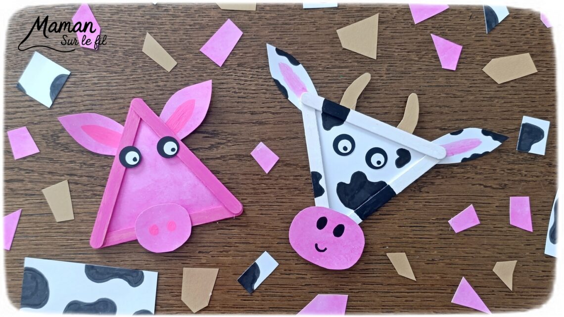 Créer un cochon et une vache en triangle de bâtonnets de glace en bois : activité créative, récup' et manuelle enfants - Recyclage, surcyclage de bâtonnets de glace en bois - Peinture avec gouache en stick - Découpage et collage de papier pour les détails - Dessins noirs - Arts visuels et Bricolage facile - Thème animaux de la ferme, campagne, cochons, vaches - Bricolage et décoration sympa et facile - Arts visuels maternelle et élémentaire - Cycles 1 et 2 - Créativité - tutoriel photos - mslf