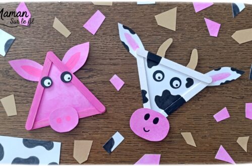 Créer un cochon et une vache en triangle de bâtonnets de glace en bois : activité créative, récup' et manuelle enfants - Recyclage, surcyclage de bâtonnets de glace en bois - Peinture avec gouache en stick - Découpage et collage de papier pour les détails - Dessins noirs - Arts visuels et Bricolage facile - Thème animaux de la ferme, campagne, cochons, vaches - Bricolage et décoration sympa et facile - Arts visuels maternelle et élémentaire - Cycles 1 et 2 - Créativité - tutoriel photos - mslf